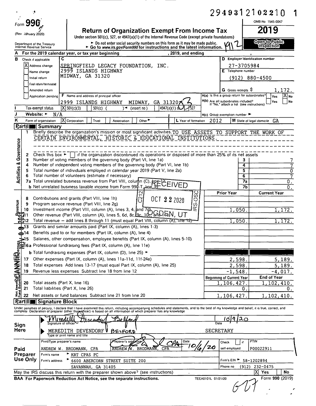 Image of first page of 2019 Form 990 for Springfield Legacy Foundation