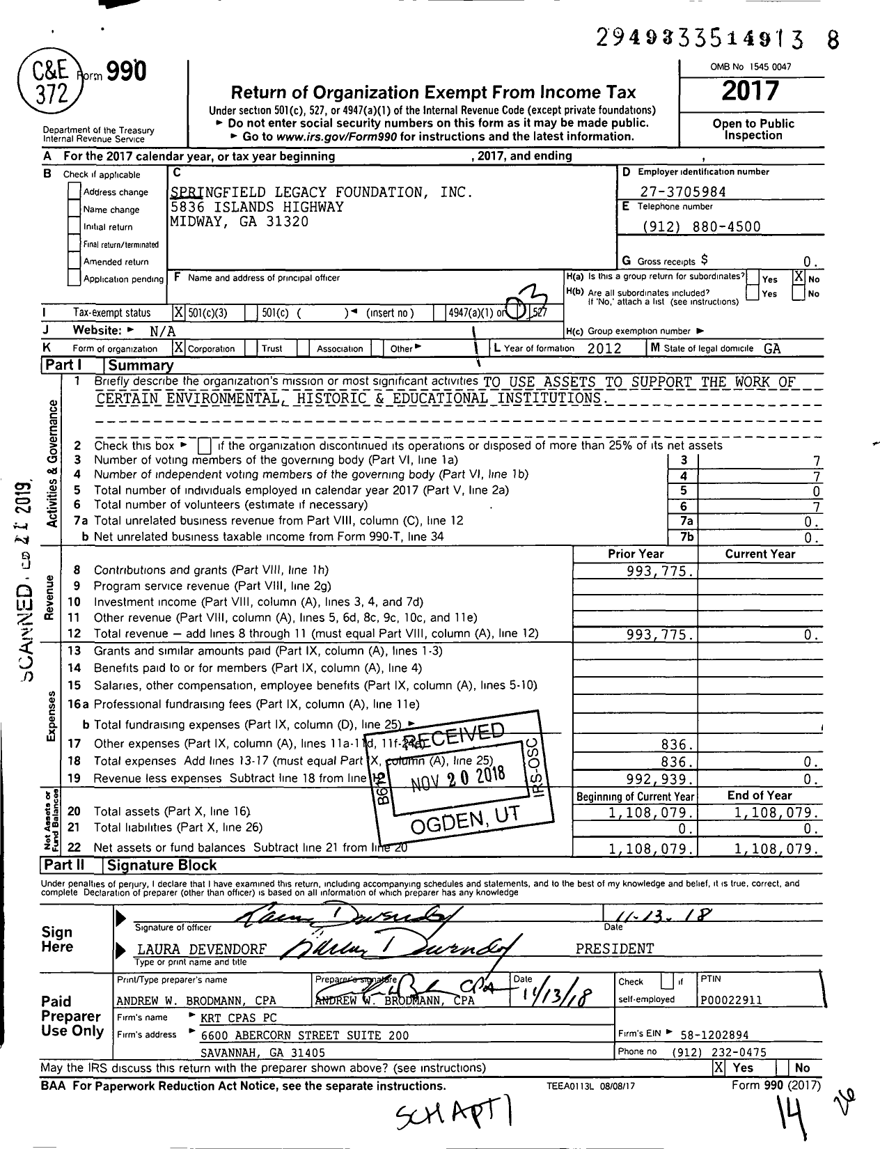 Image of first page of 2017 Form 990 for Springfield Legacy Foundation