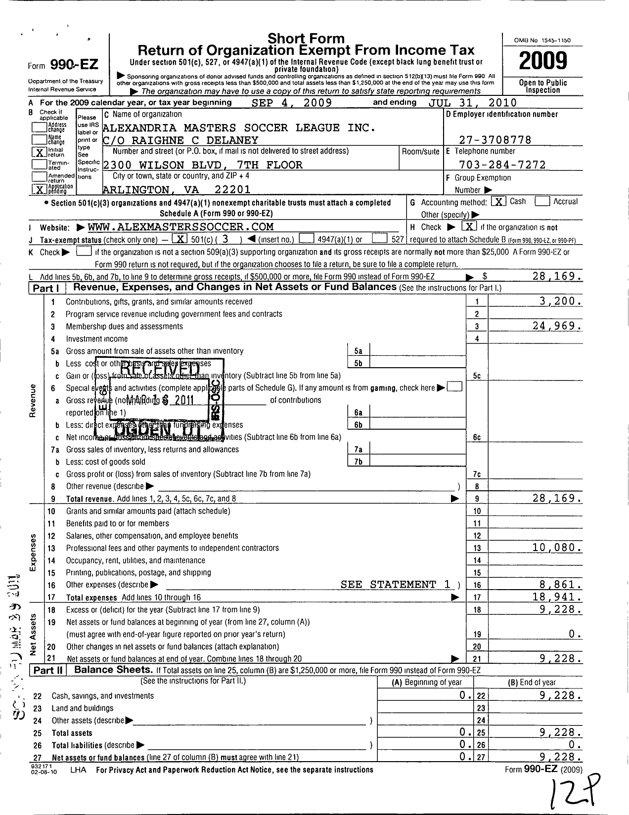 Image of first page of 2009 Form 990EZ for Alexandria Masters Soccer League