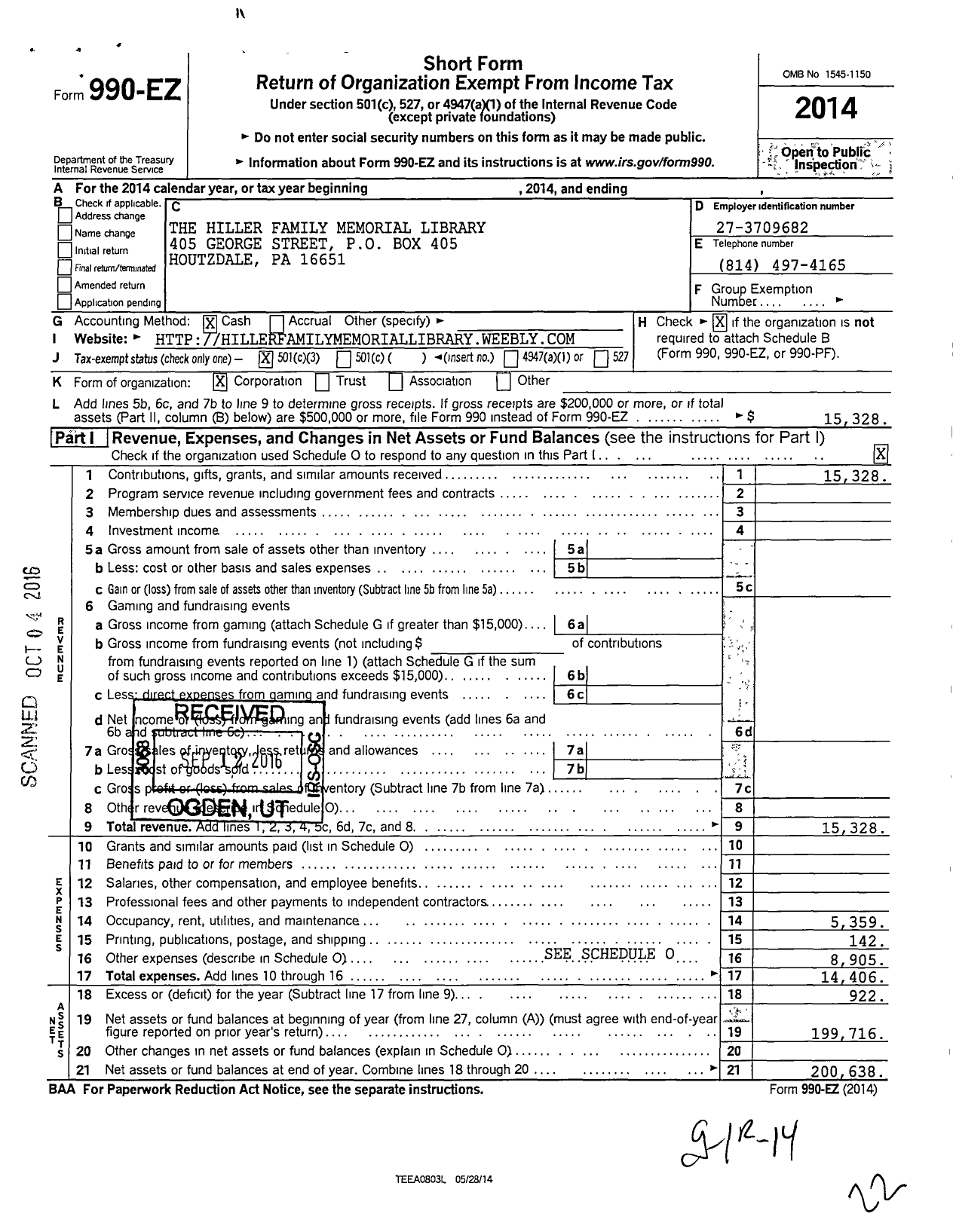 Image of first page of 2014 Form 990EZ for The Hiller Family Memorial Library