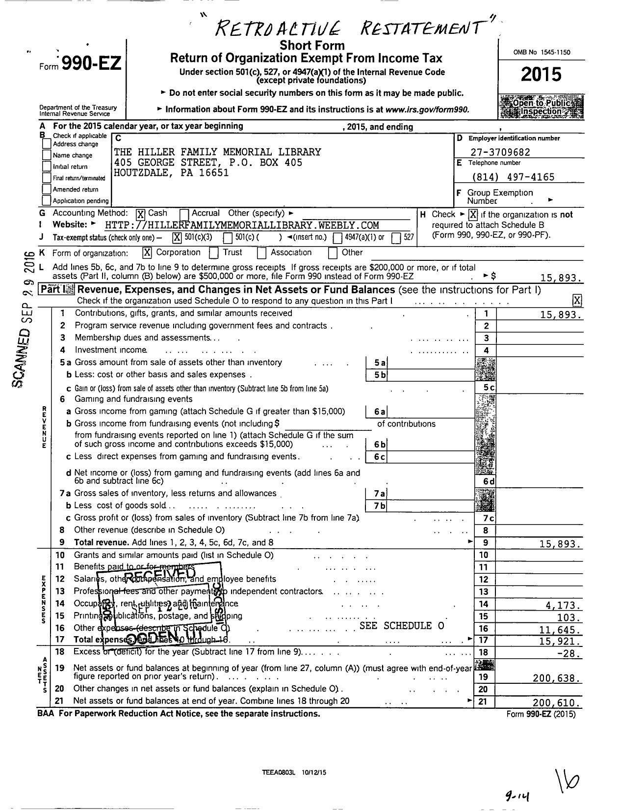 Image of first page of 2015 Form 990EZ for The Hiller Family Memorial Library