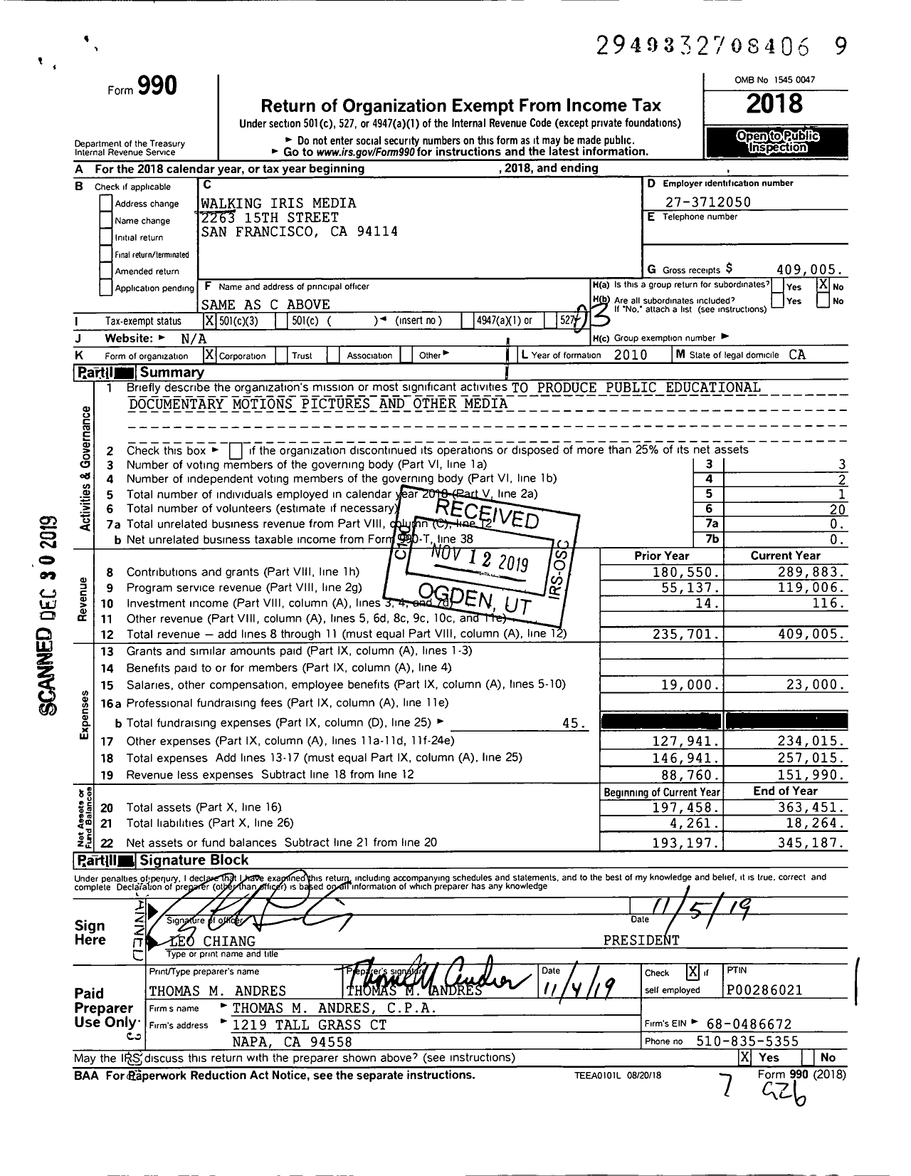 Image of first page of 2018 Form 990 for Walking Iris Media