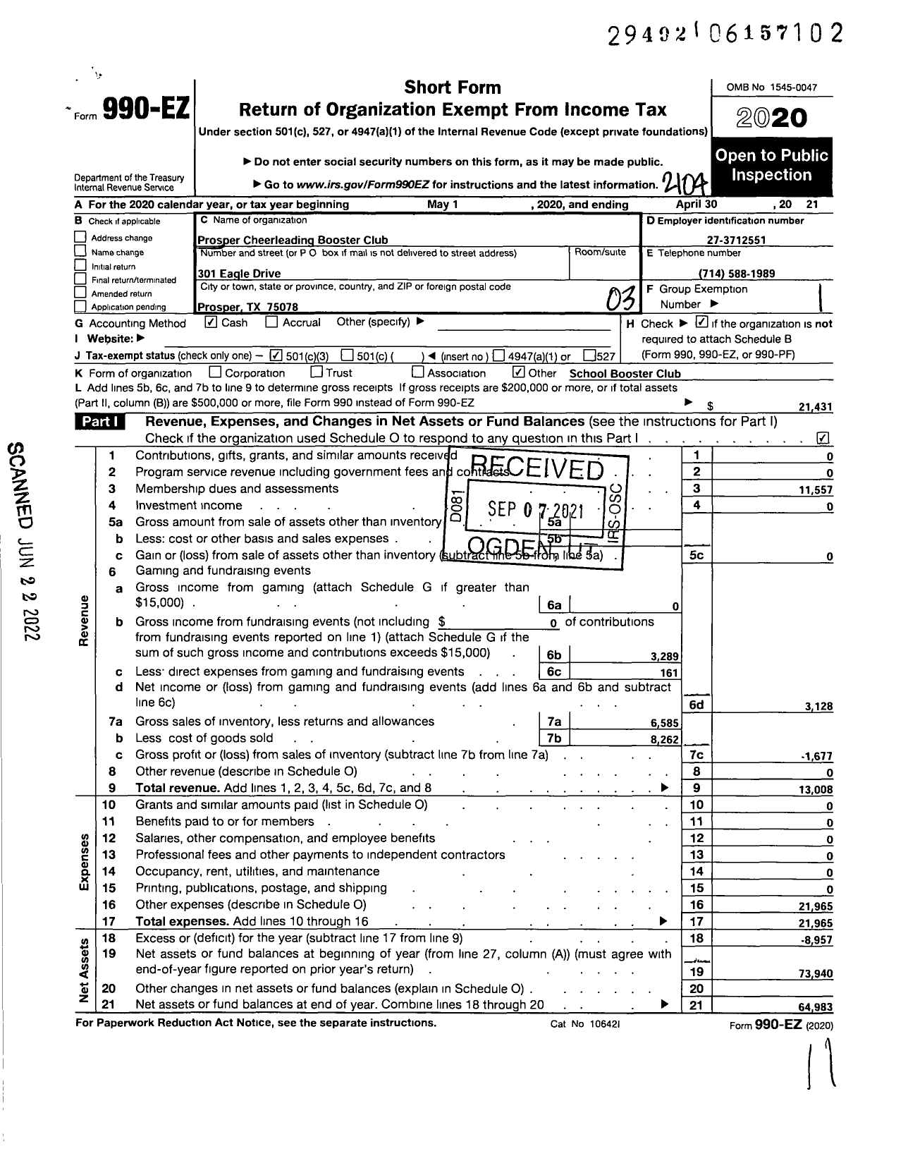 Image of first page of 2020 Form 990EZ for Prosper Cheerleading Booster Club