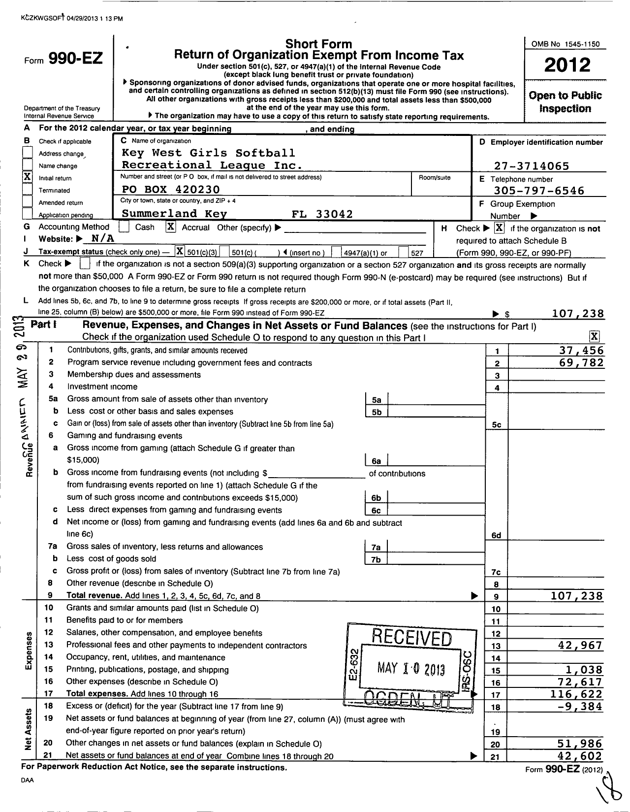 Image of first page of 2012 Form 990EZ for Key West Girls Softball Recreational League