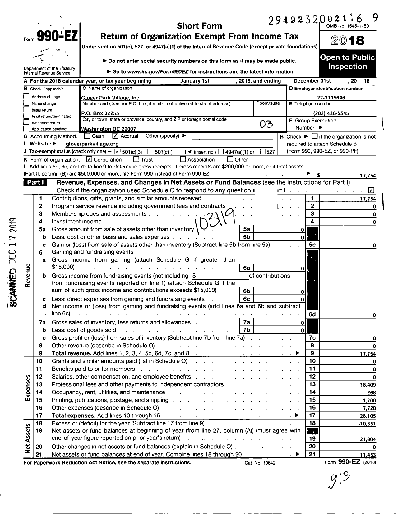 Image of first page of 2018 Form 990EZ for Glover Park Village