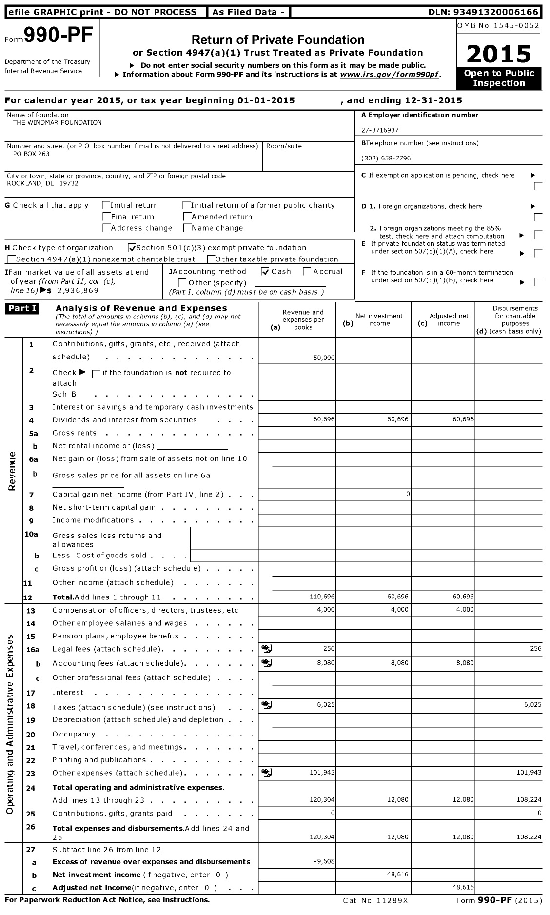 Image of first page of 2015 Form 990PF for Windmar Foundation