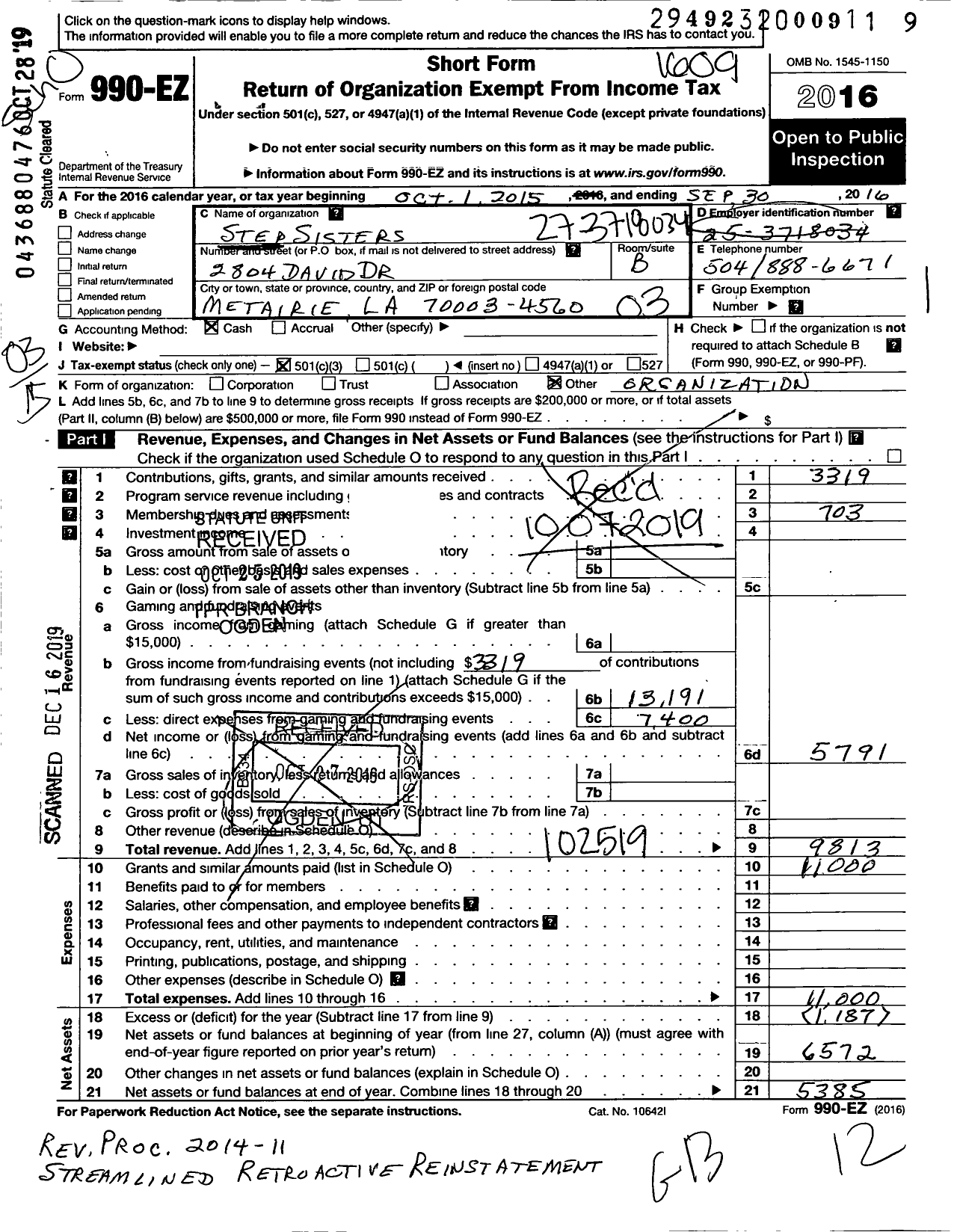 Image of first page of 2015 Form 990EZ for Stepsisters