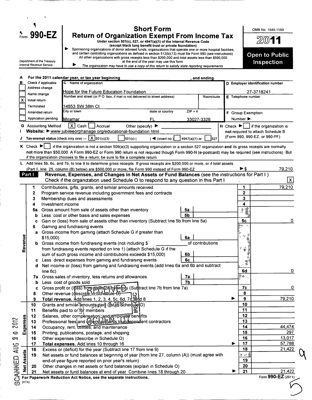 Image of first page of 2011 Form 990EZ for Hope for the Future Educational Foundation