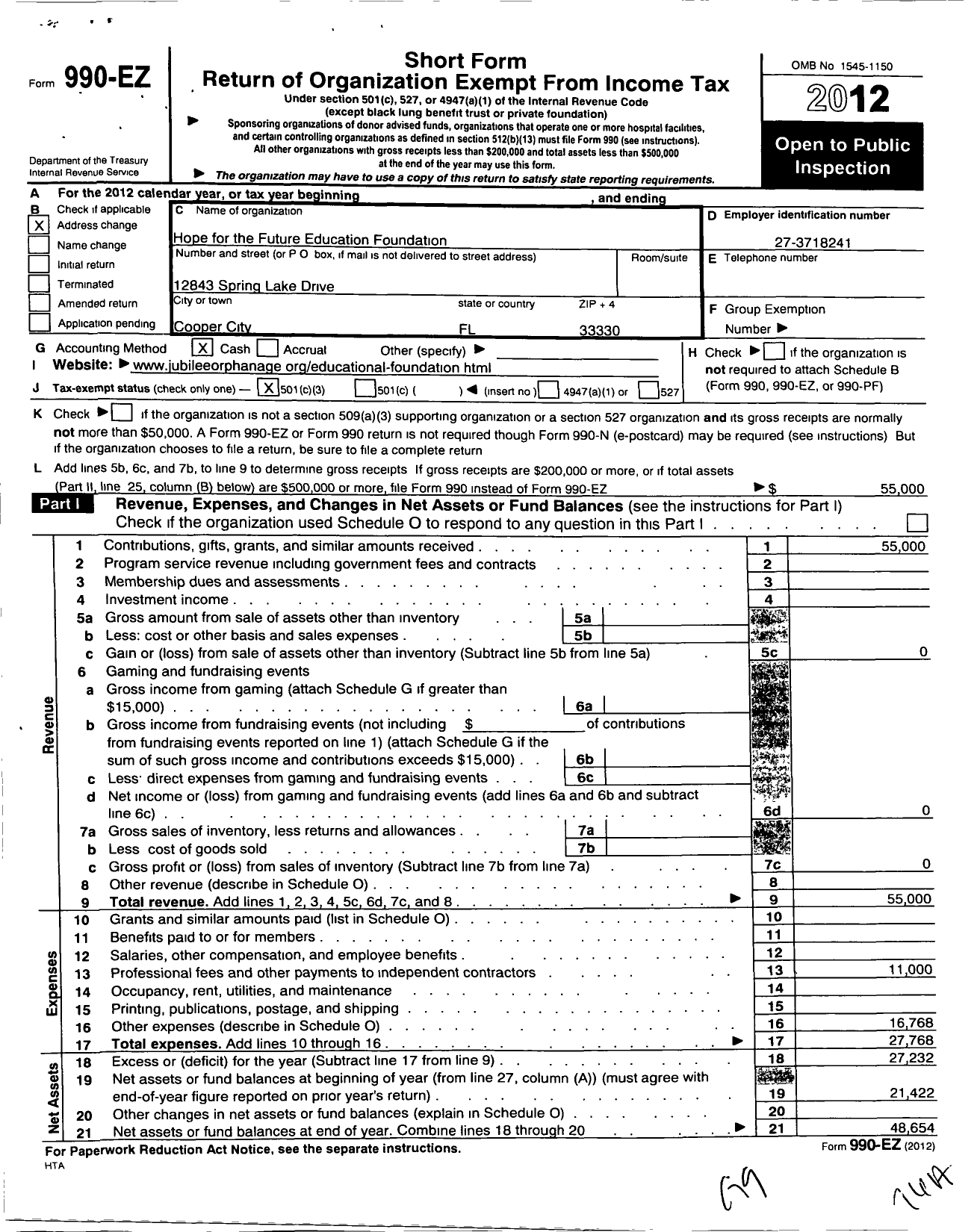 Image of first page of 2012 Form 990EZ for Hope for the Future Educational Foundation