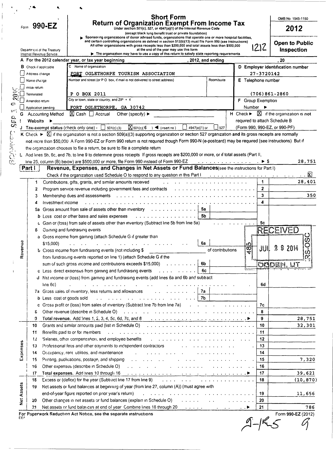 Image of first page of 2012 Form 990EO for Fort Oglethorpe Tourism Association