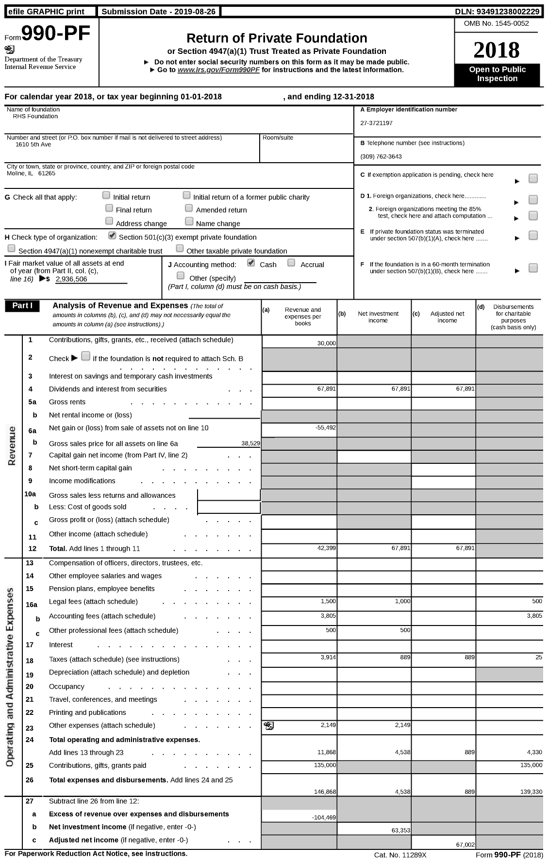 Image of first page of 2018 Form 990PF for RHS Foundation