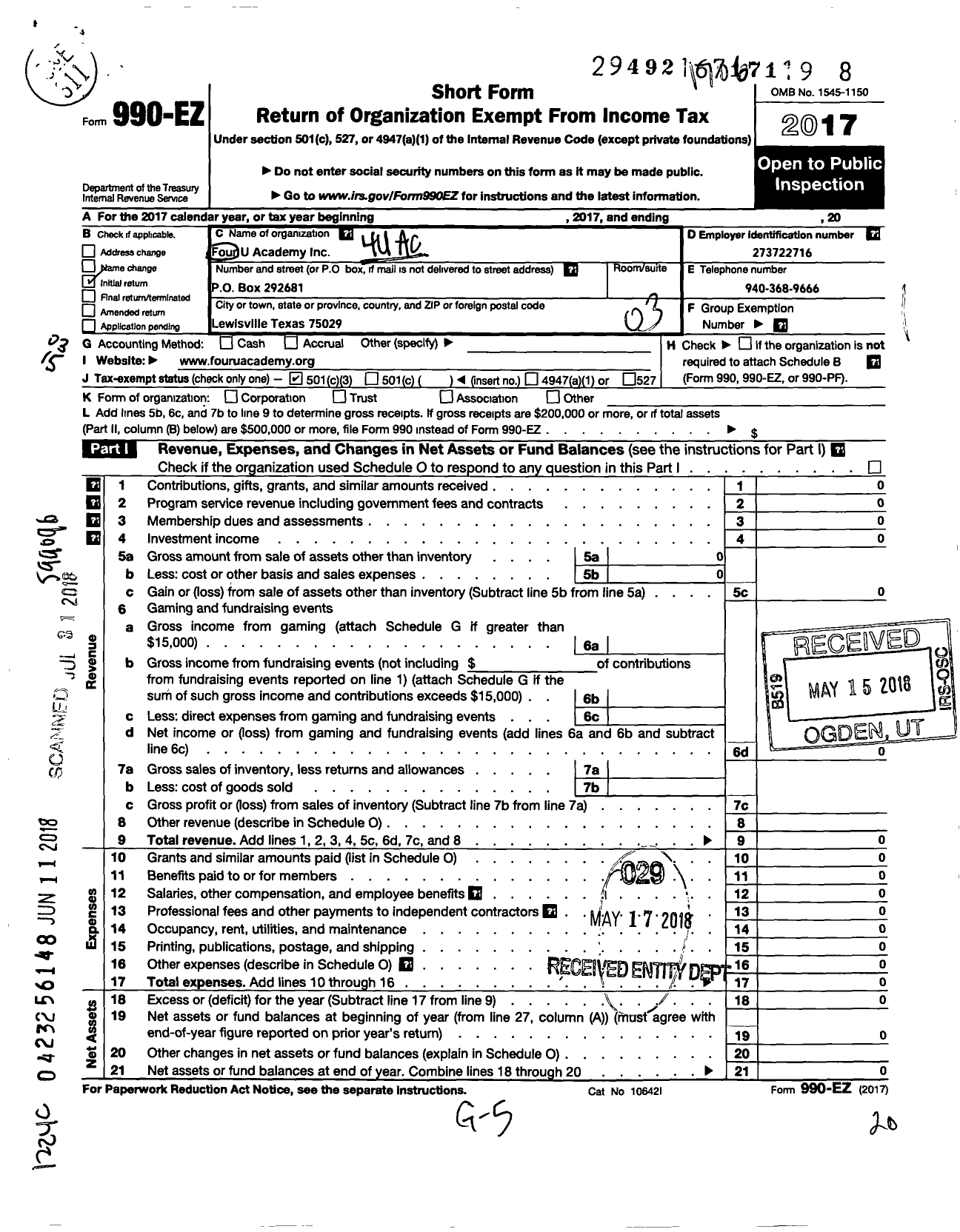 Image of first page of 2016 Form 990EZ for 4u Academy