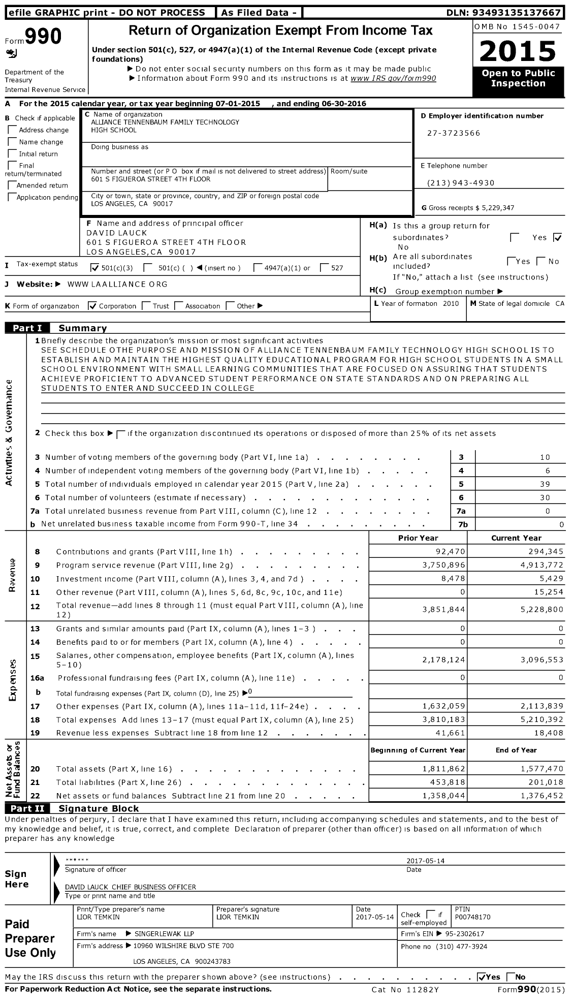 Image of first page of 2015 Form 990 for Alliance Tennenbaum Family Technology High School