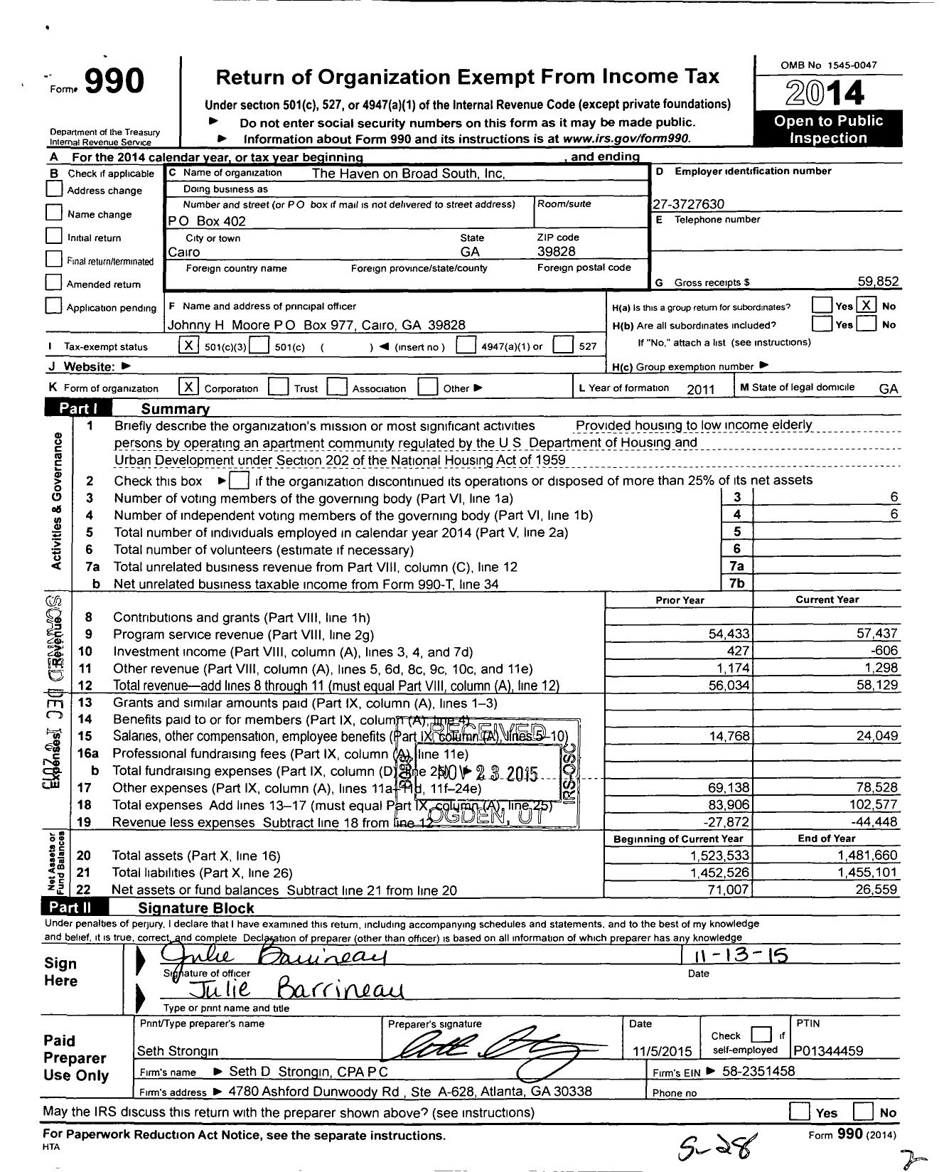 Image of first page of 2014 Form 990 for The Haven on Broad South