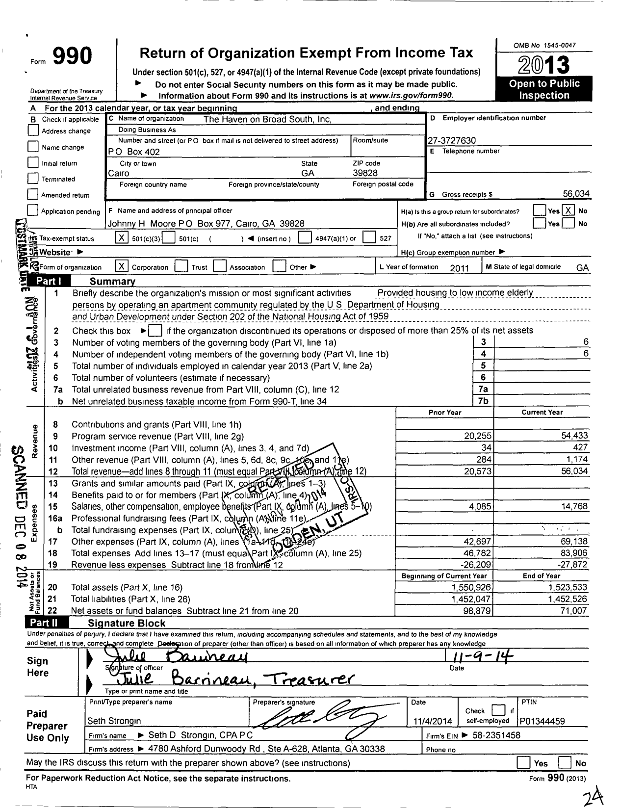 Image of first page of 2013 Form 990 for The Haven on Broad South