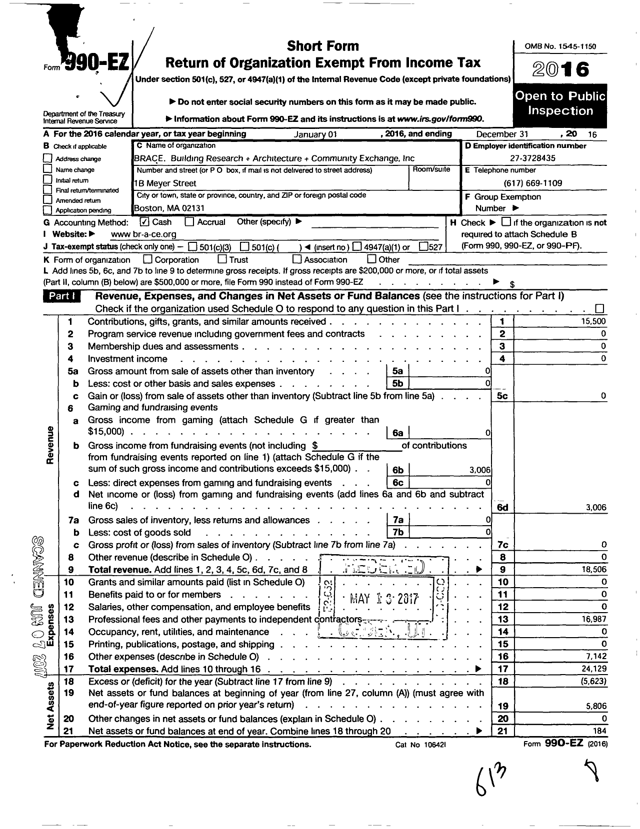 Image of first page of 2016 Form 990EO for Brace- Building Research and Architecture and Community Exchange