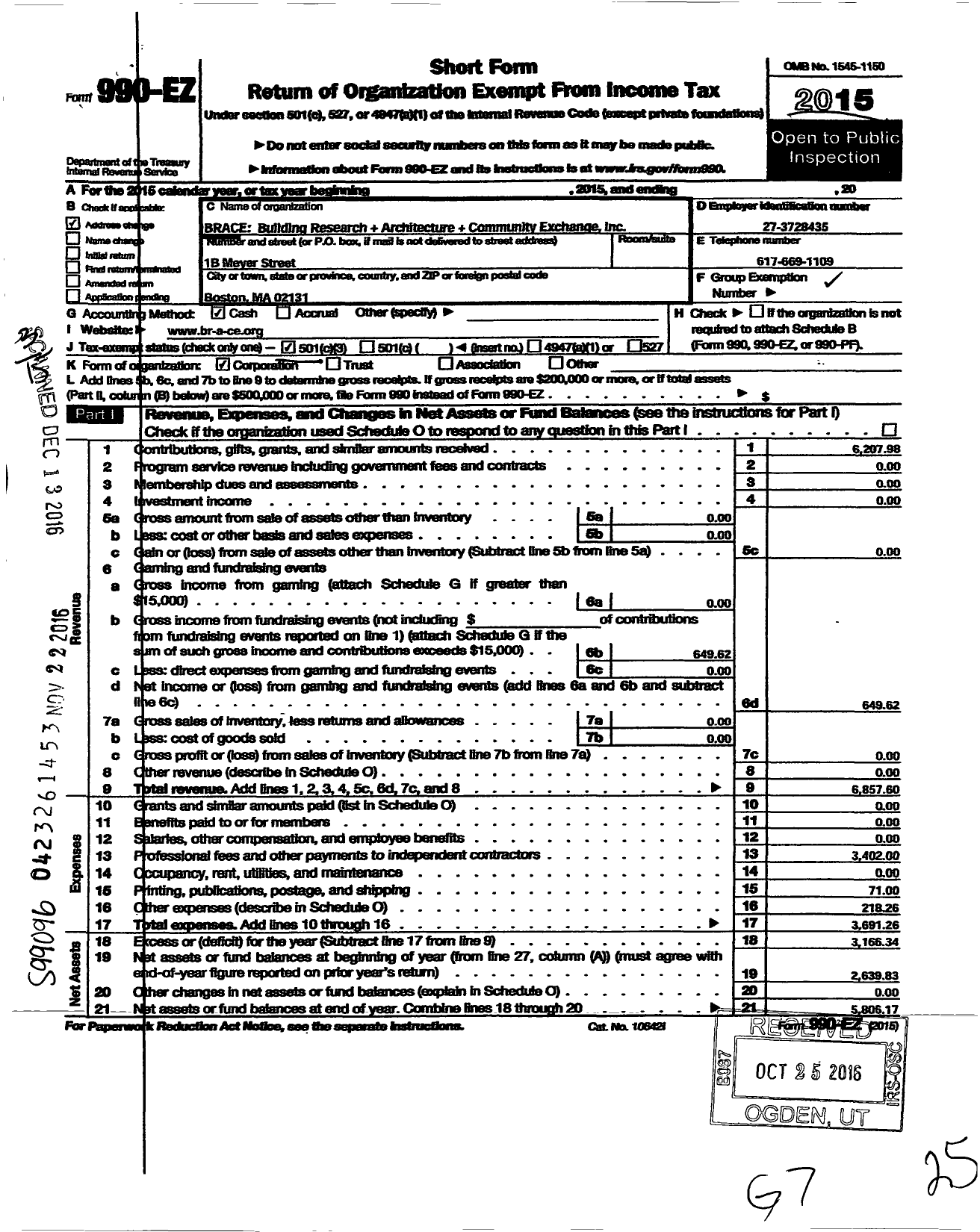 Image of first page of 2015 Form 990EZ for Brace- Building Research and Architecture and Community Exchange