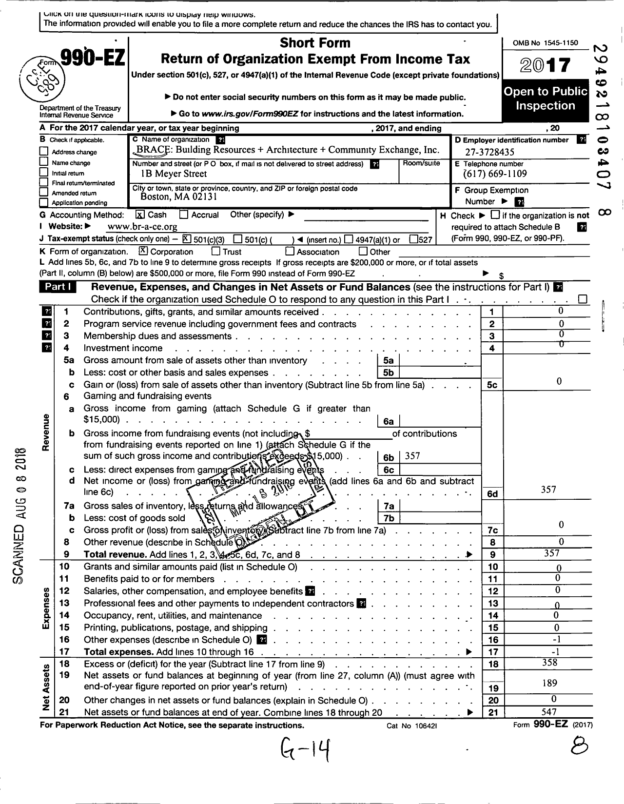 Image of first page of 2017 Form 990EZ for Brace- Building Research and Architecture and Community Exchange