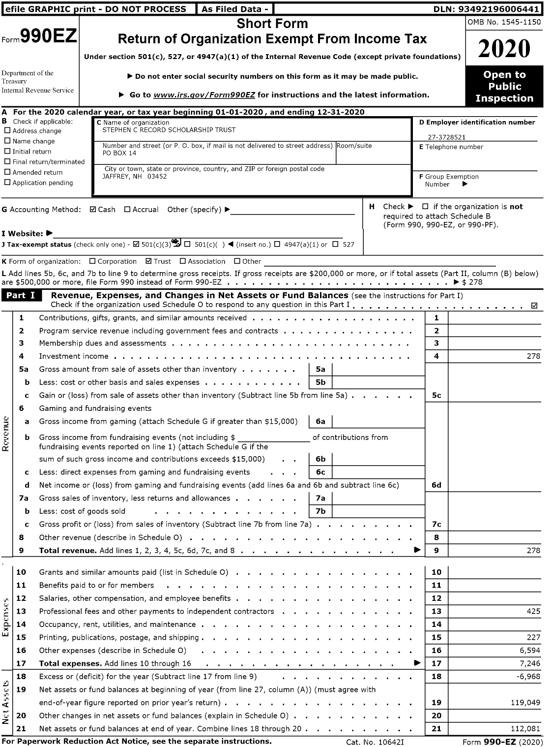 Image of first page of 2020 Form 990EZ for Stephen C Record Scholarship Trust