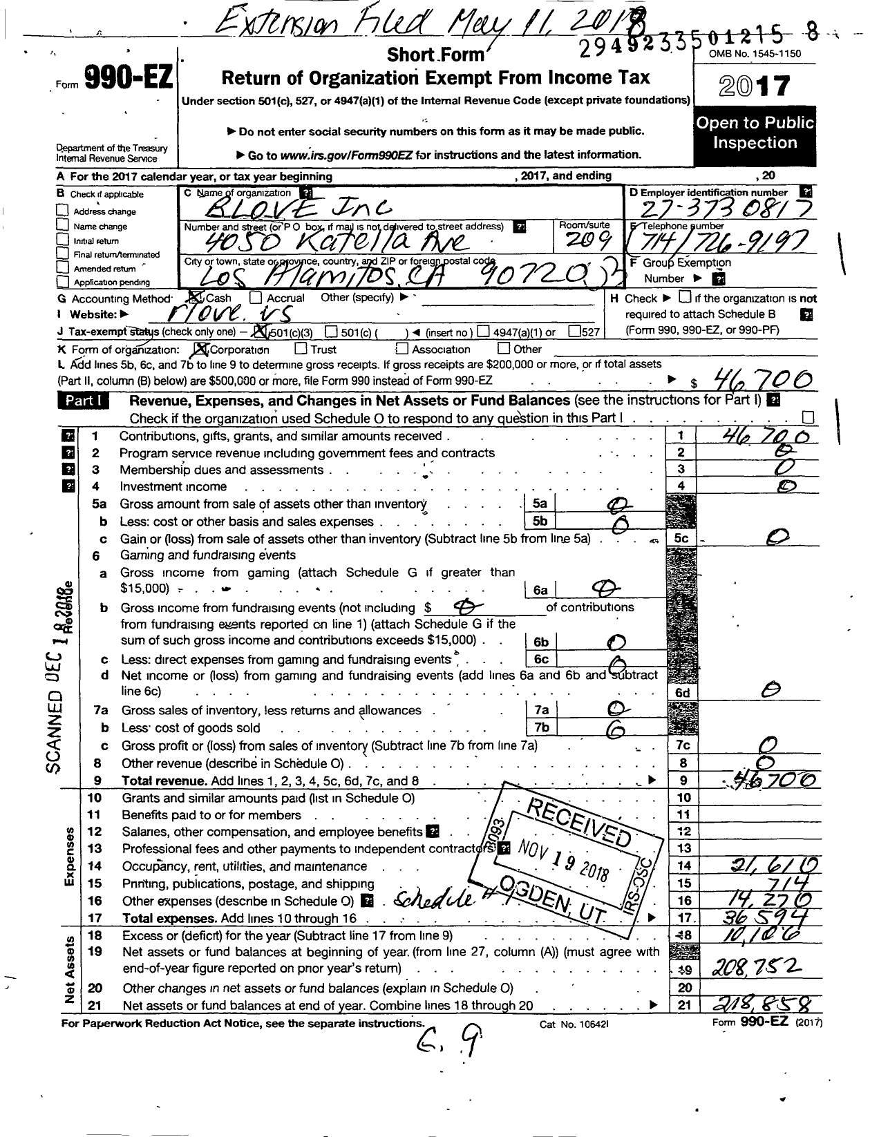 Image of first page of 2017 Form 990EZ for Rlove Incorporated