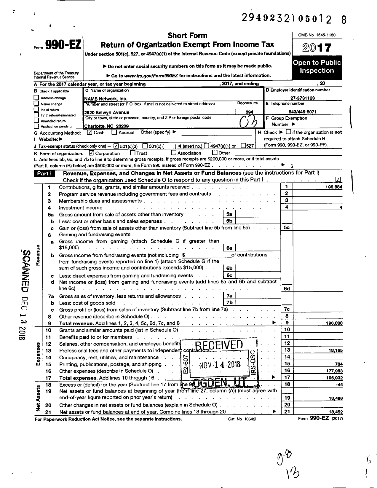 Image of first page of 2017 Form 990EZ for Nams Network