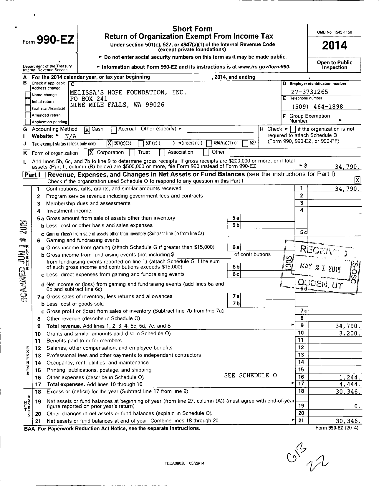 Image of first page of 2014 Form 990EZ for Melissas Hope Foundation