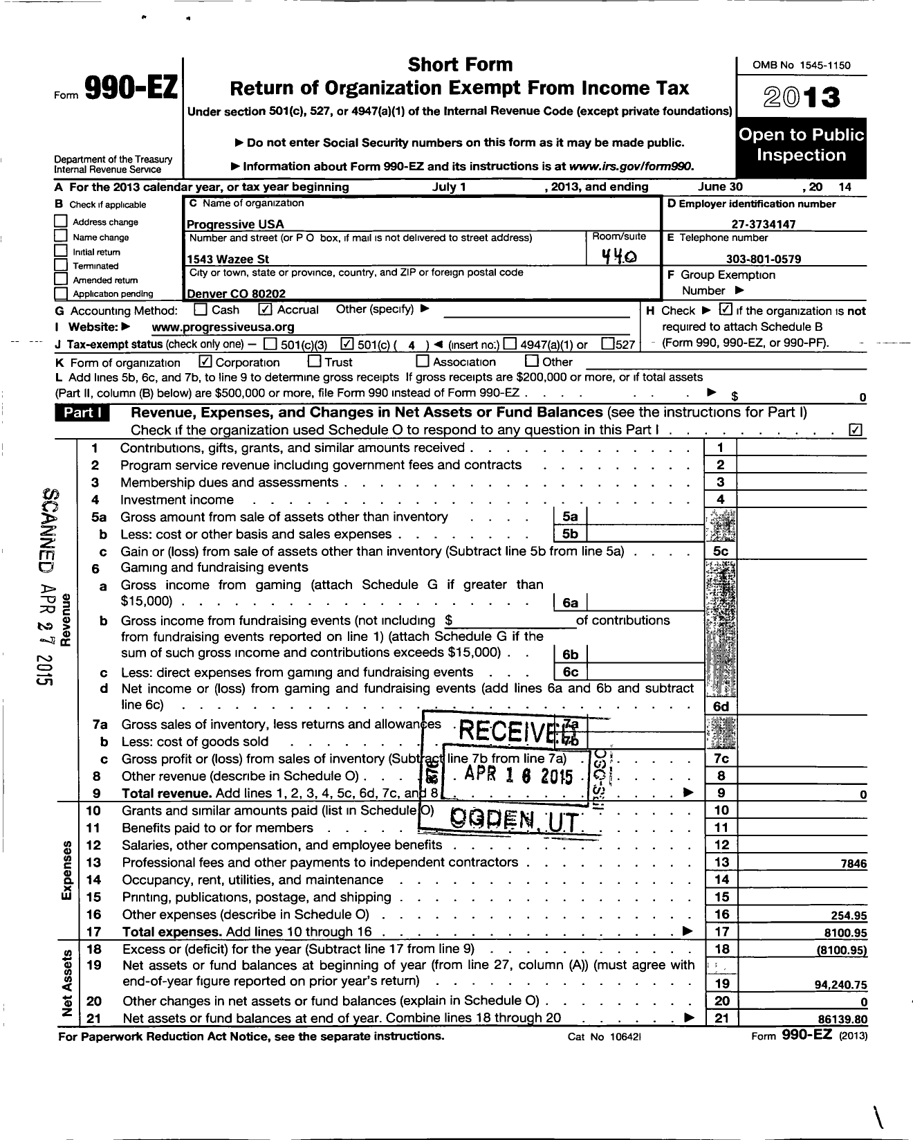 Image of first page of 2013 Form 990EO for Progressive USA