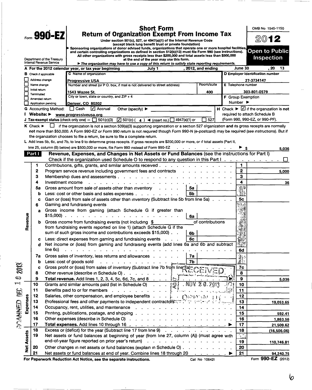 Image of first page of 2012 Form 990EO for Progressive USA