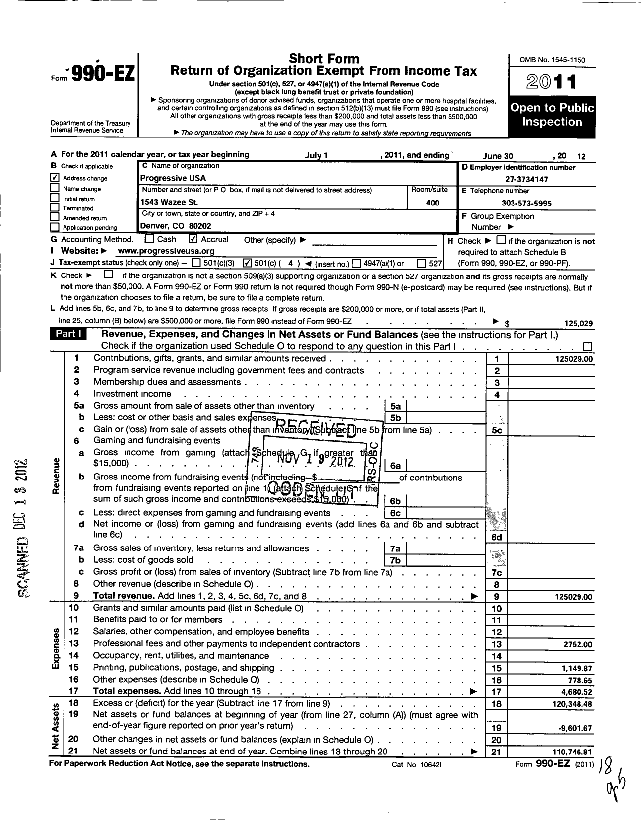 Image of first page of 2011 Form 990EO for Progressive USA