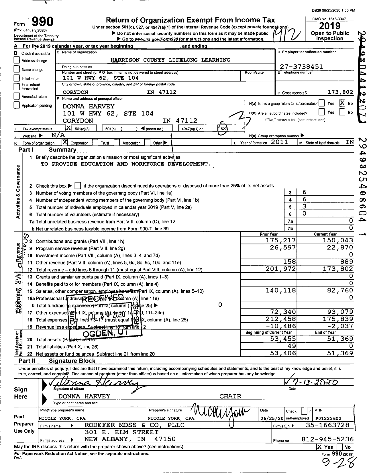 Image of first page of 2019 Form 990 for Harrison County Lifelong Learning