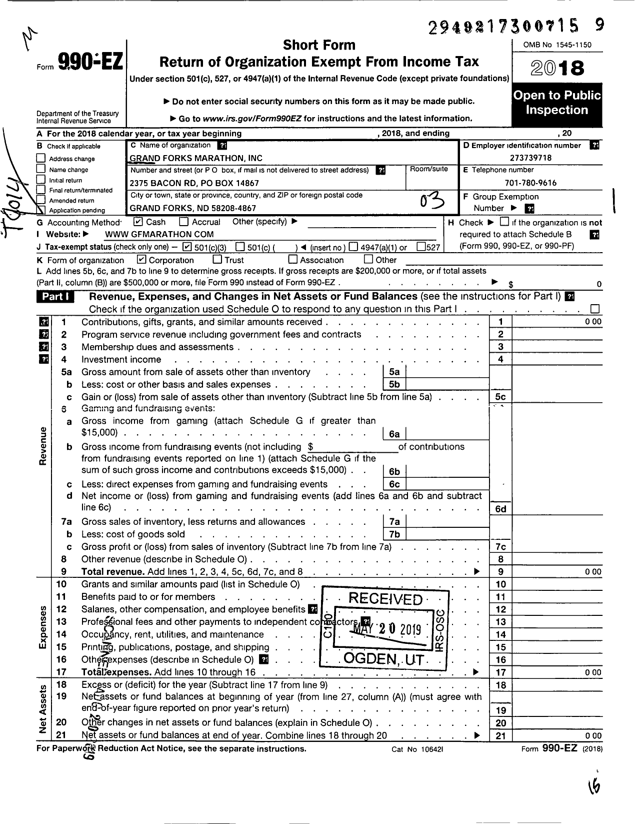 Image of first page of 2018 Form 990EZ for Grand Forks Marathon