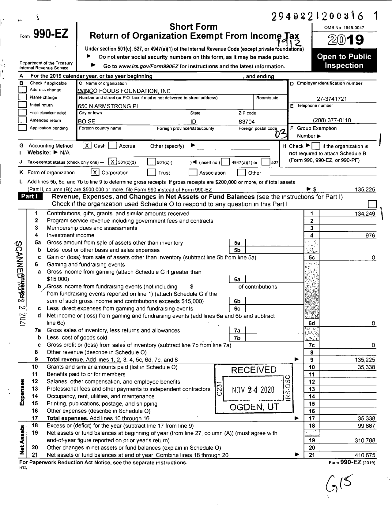 Image of first page of 2019 Form 990EZ for Winco Foods Foundation