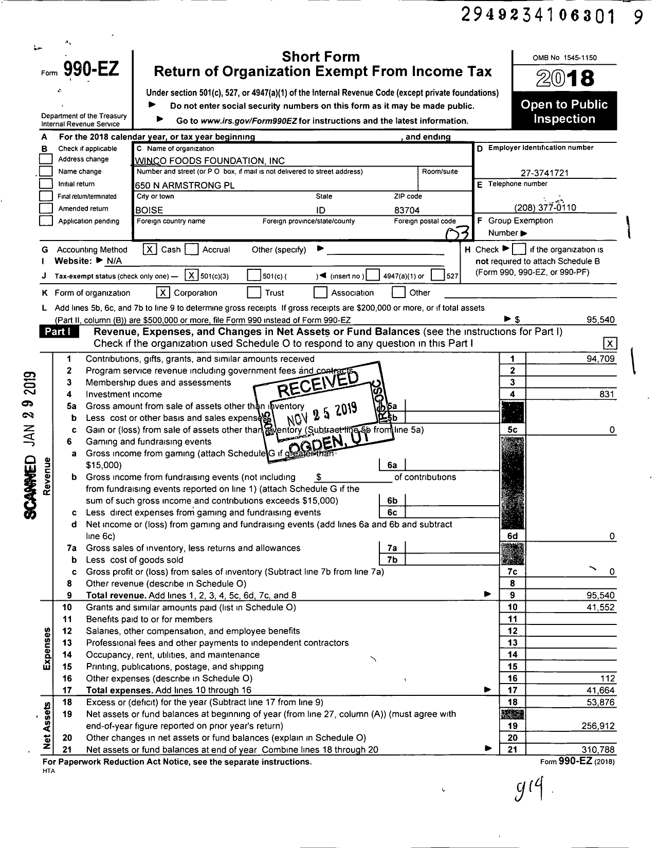 Image of first page of 2018 Form 990EZ for Winco Foods Foundation