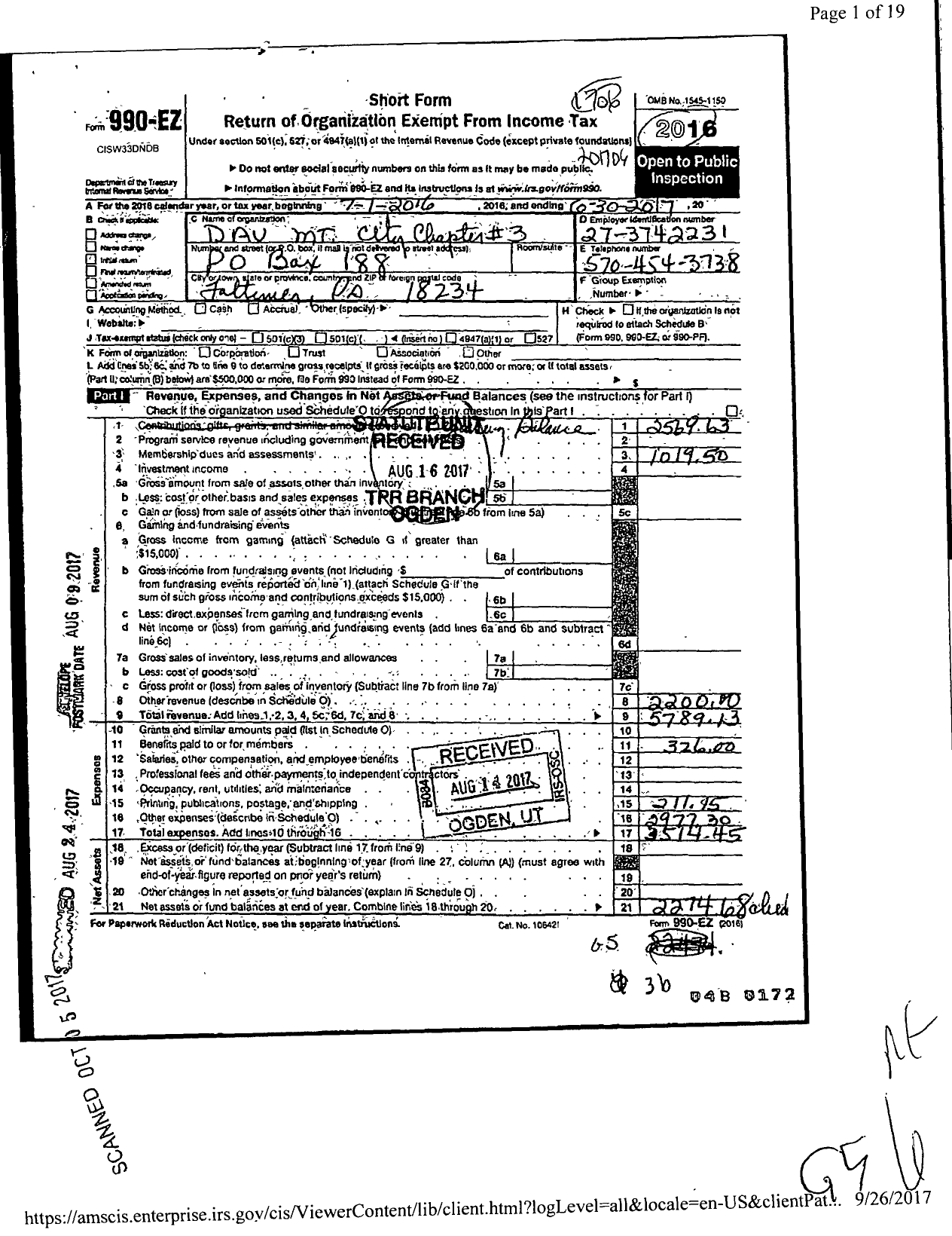 Image of first page of 2016 Form 990EO for Disabled American Veterans - 3 Mountain City