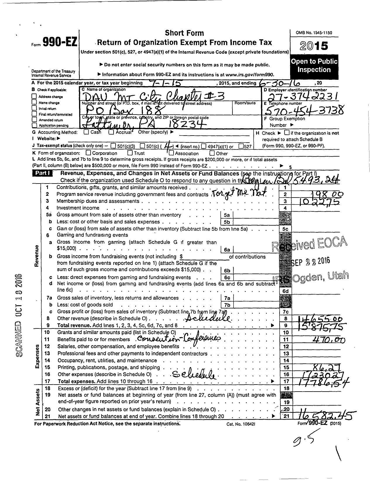 Image of first page of 2015 Form 990EO for Disabled American Veterans - 3 Mountain City