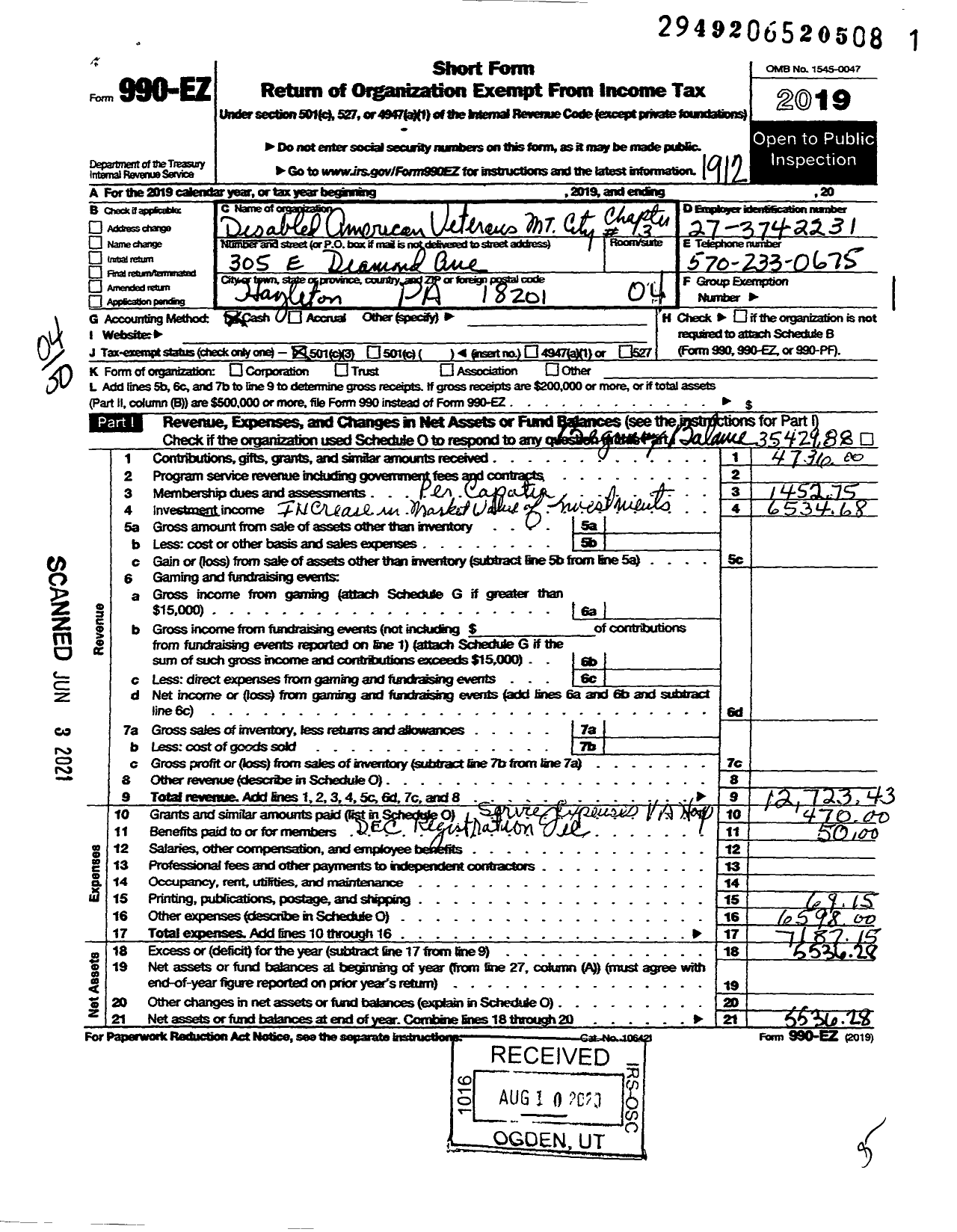 Image of first page of 2019 Form 990EO for Disabled American Veterans - 3 Mountain City