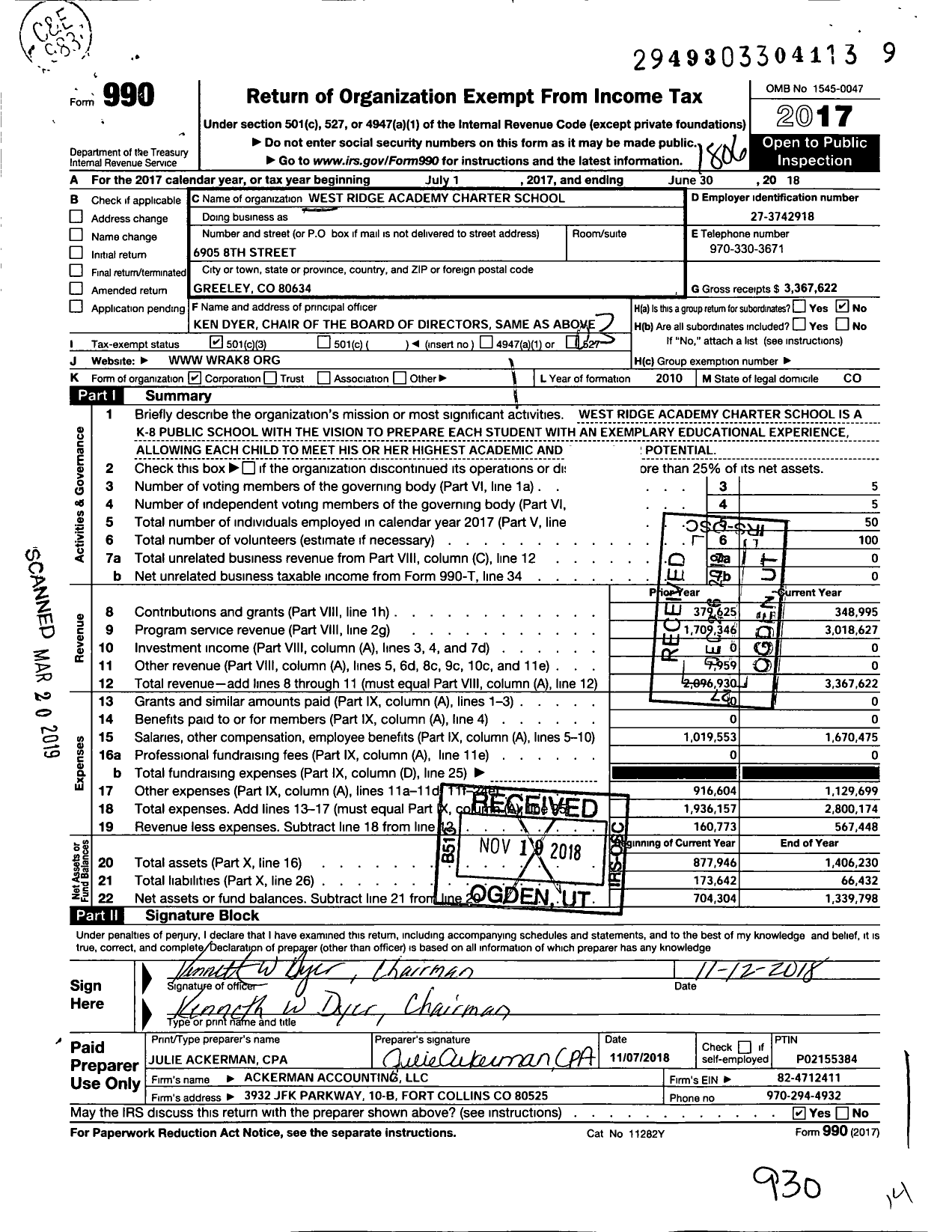 Image of first page of 2017 Form 990 for West Ridge Academy Charter School