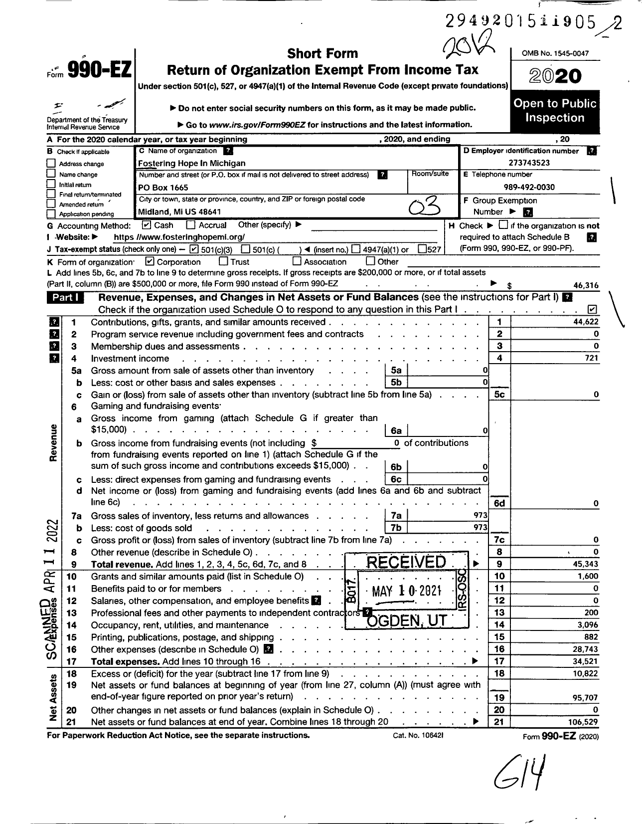 Image of first page of 2020 Form 990EZ for Fostering Hope in Michigan