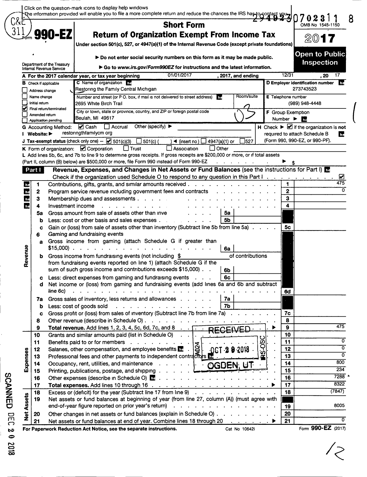 Image of first page of 2017 Form 990EZ for Fostering Hope in Michigan