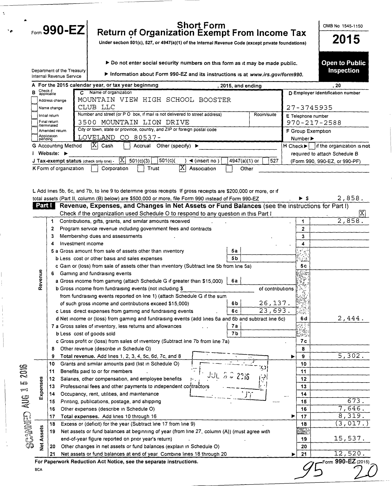 Image of first page of 2015 Form 990EZ for Mountain View High School Booster Club LLC