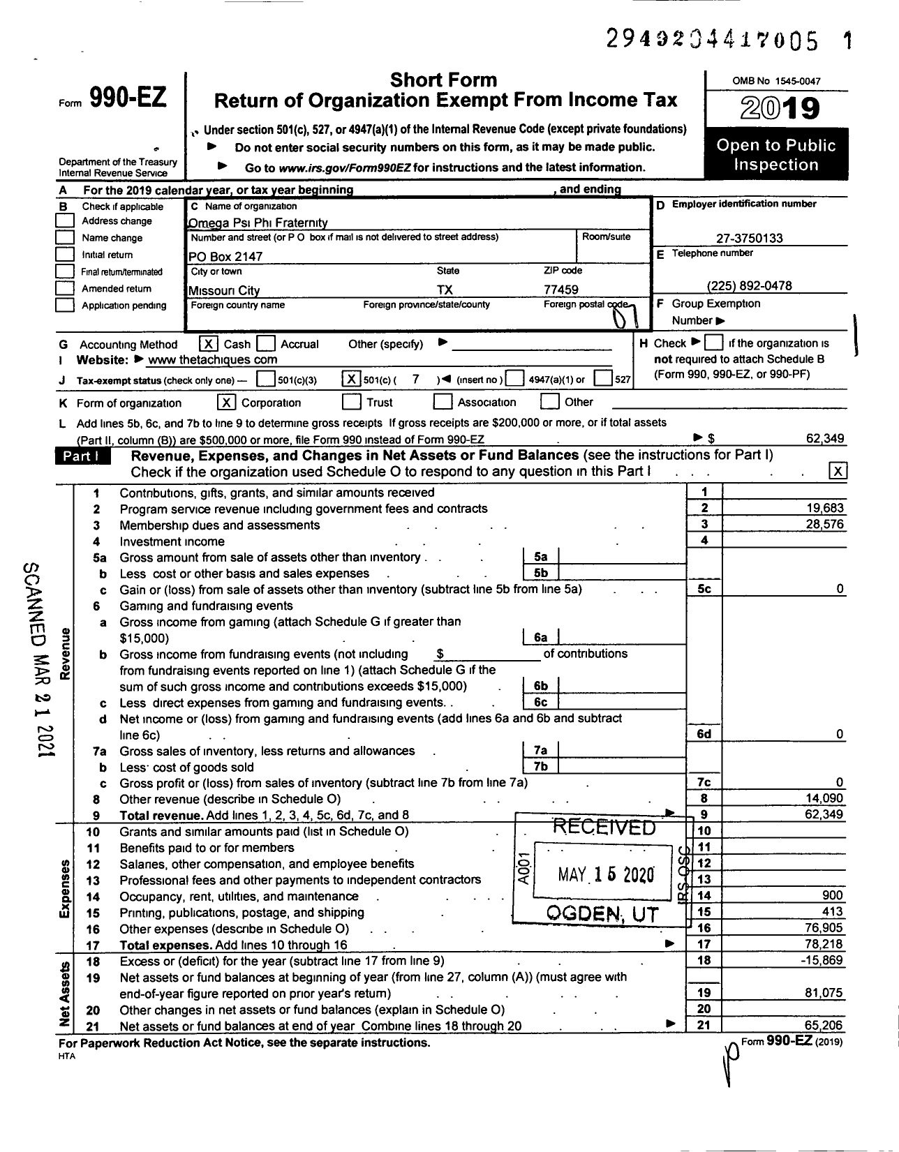 Image of first page of 2019 Form 990EO for Omega Psi Phi Fraternity - 646 Theta Chi