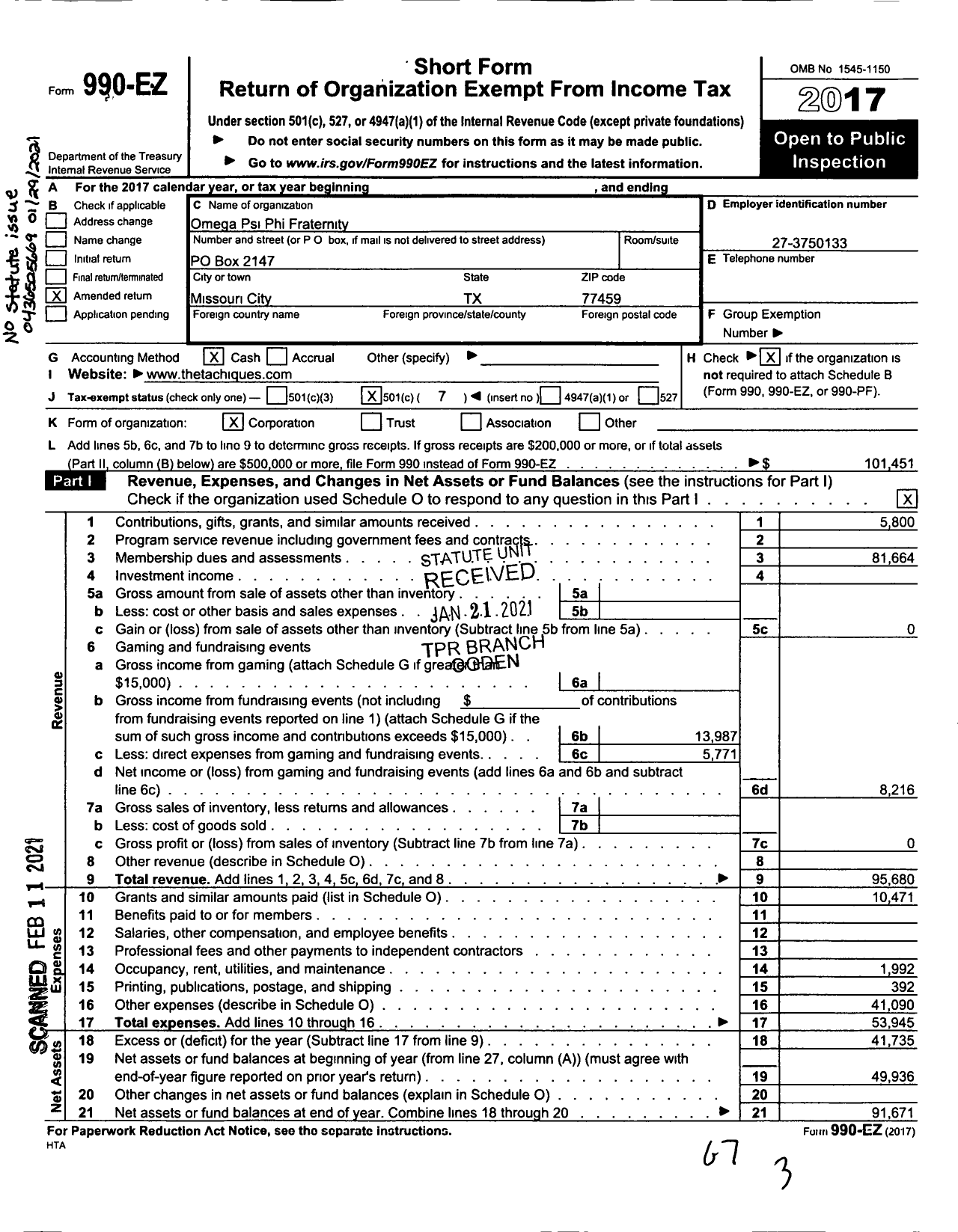 Image of first page of 2017 Form 990EOA for Omega Psi Phi Fraternity - 646 Theta Chi