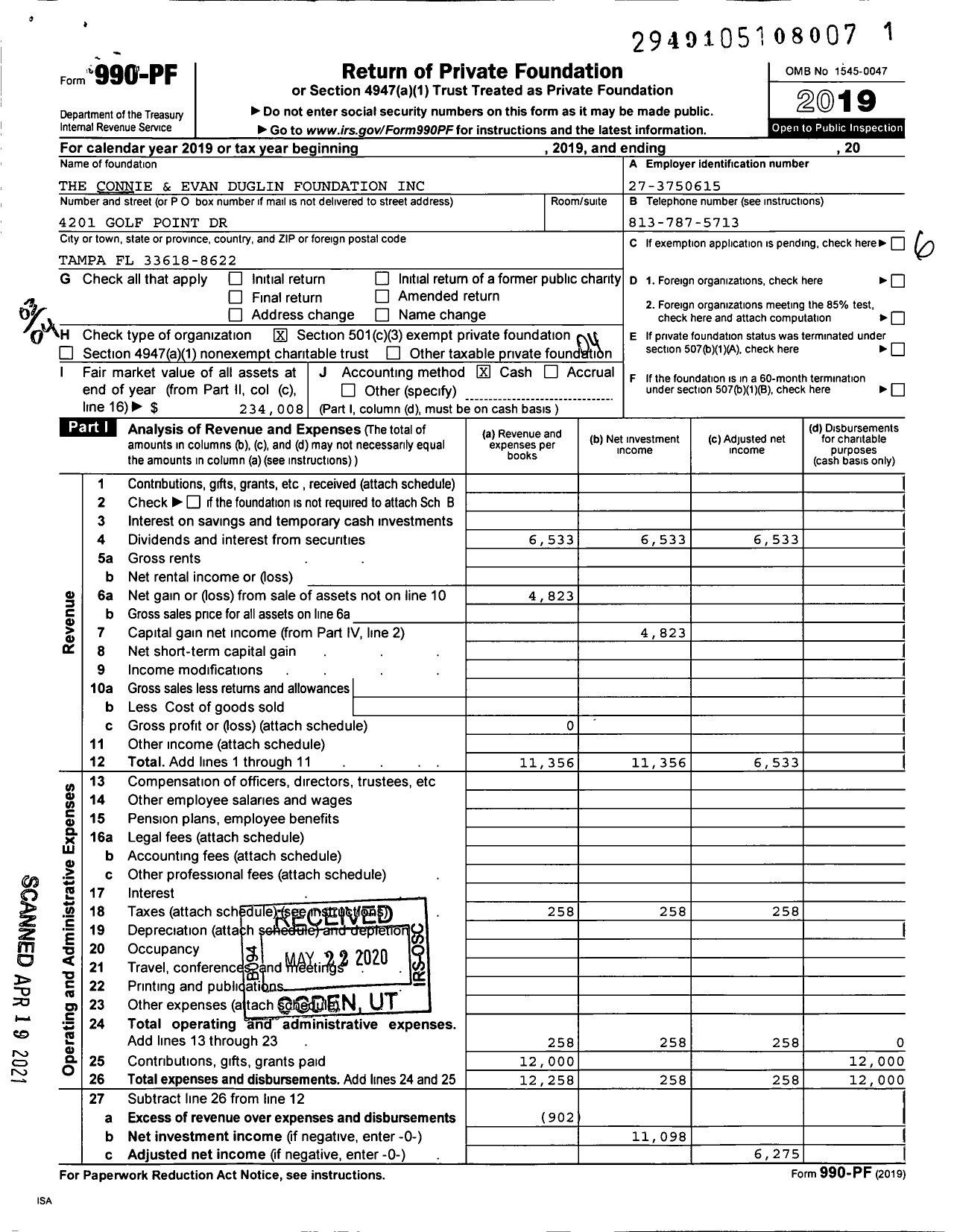 Image of first page of 2019 Form 990PF for The Connie and Evan Duglin Foundation