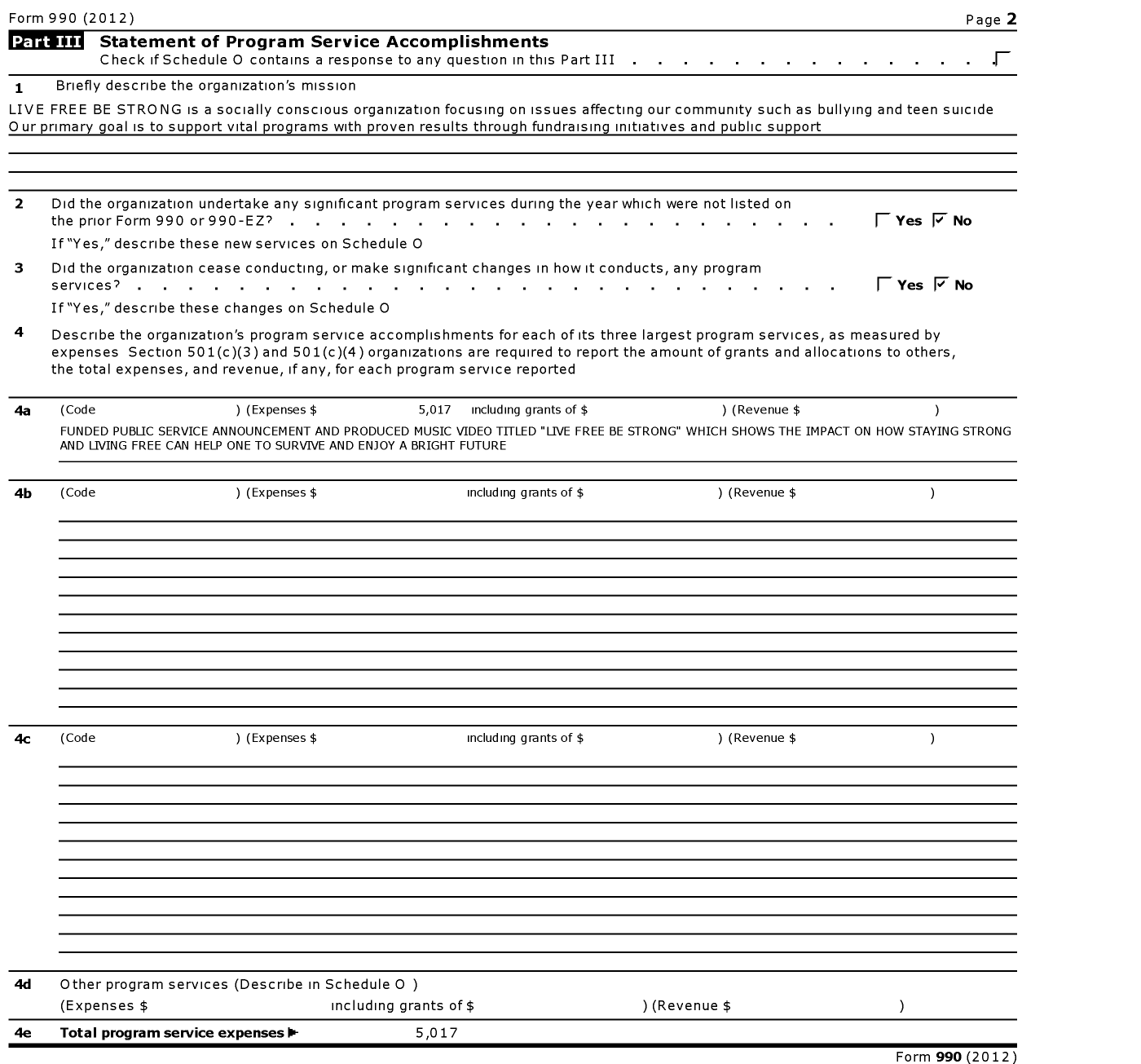 Image of first page of 2012 Form 990 for Live Free Be Strong