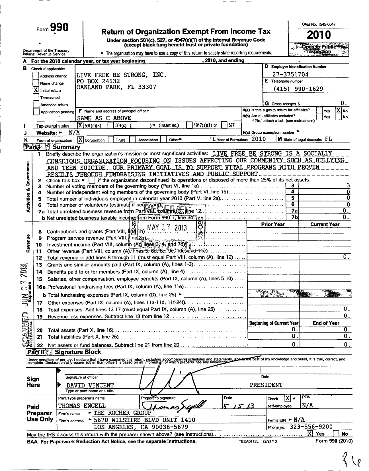 Image of first page of 2010 Form 990 for Live Free Be Strong