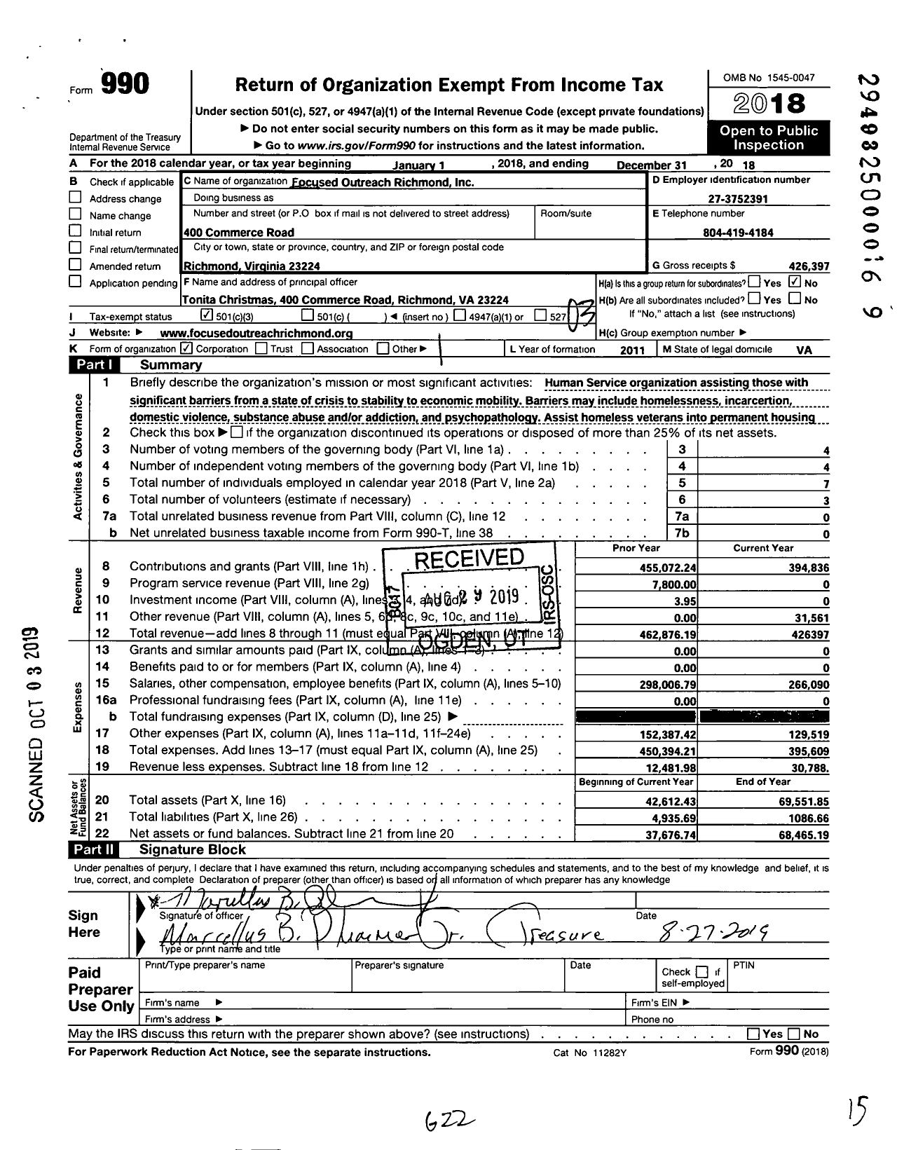 Image of first page of 2018 Form 990 for Focused Outreach Richmond