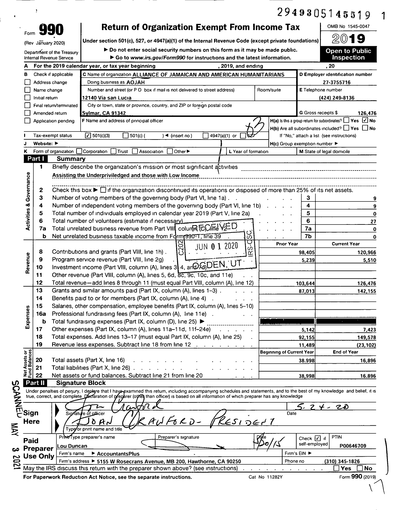 Image of first page of 2019 Form 990 for Alliance of Jamaican and American Humanitarians