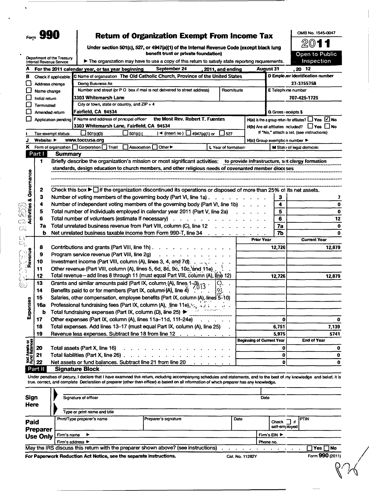 Image of first page of 2011 Form 990O for Old Catholic Church Province of the United States