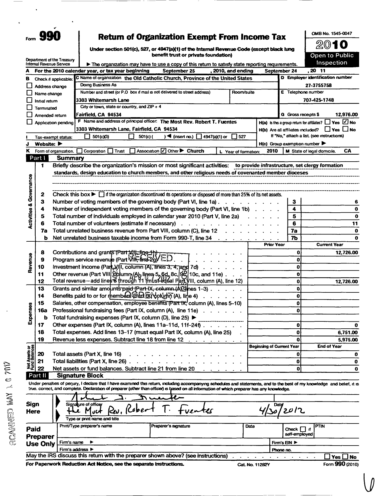 Image of first page of 2010 Form 990O for Old Catholic Church Province of the United States