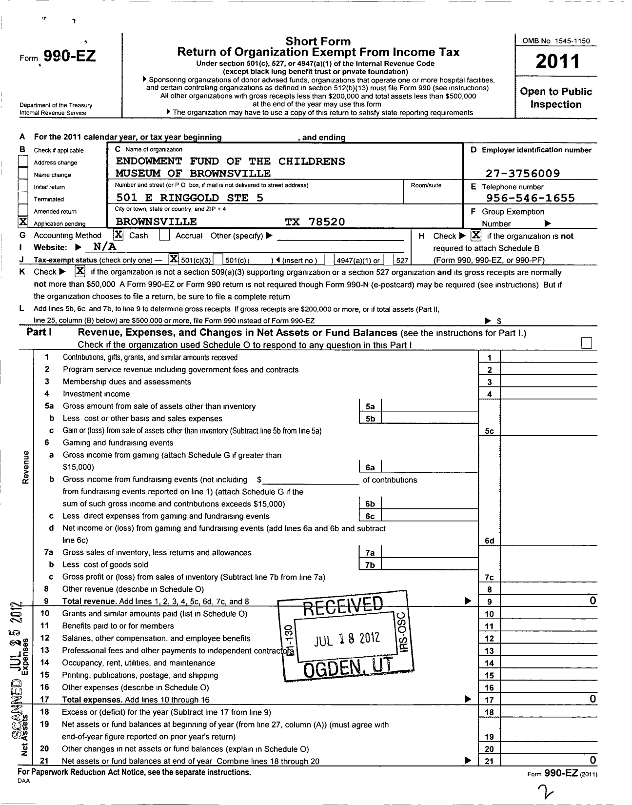 Image of first page of 2011 Form 990EZ for Endowment Fund of the Childrens Museum of Brownsville